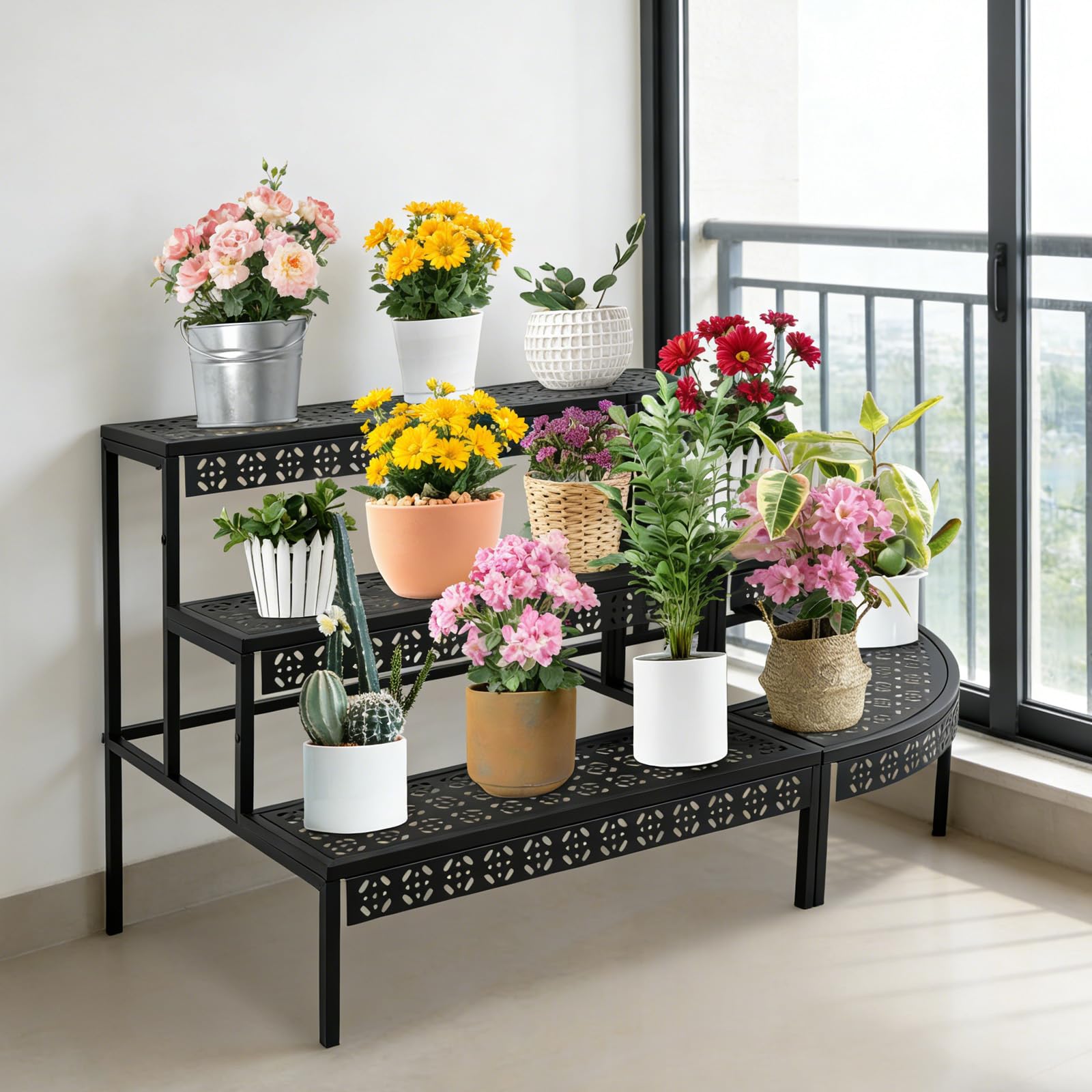 3 Stufen Metall Blumentreppe, Garten Blumentopf Display Regal, Eisen Garten Blumentopf Display Regal Blumentopf Halter Storage Organizer Rack, für Cafés Teehäuser Restaurants Wohnungen