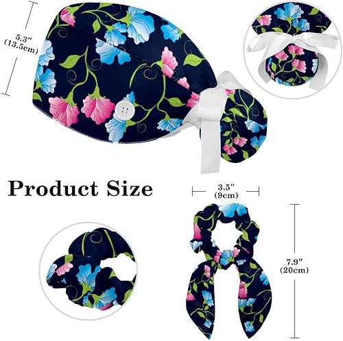 Miniatura 2 de Gorra quirúrgica con lazo ajustable para mujer, diseño floral de flores, para coleta, con lazo para el pelo