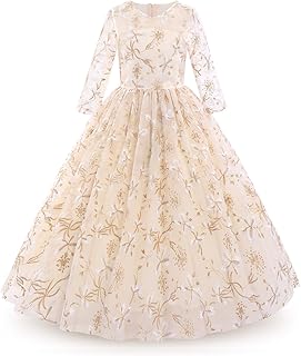 Flower Girls Long Lace Bridesmaid Dress 3/4 Sleeves Floor Length Wedding Party Evening Formal Pegeant Maxi Tulle Ball Gowns