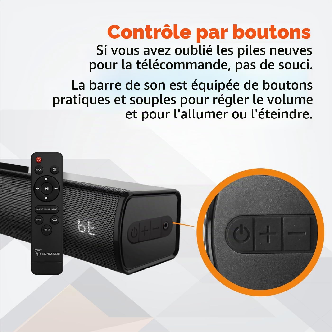 TECHMADE Barre de son TV 2.0 Bluetooth - Puissance maximale 120 W - Entrées HDMI ARC/USB/AUX/optique - Audio puissant, basses profondes - Compacte, installation murale