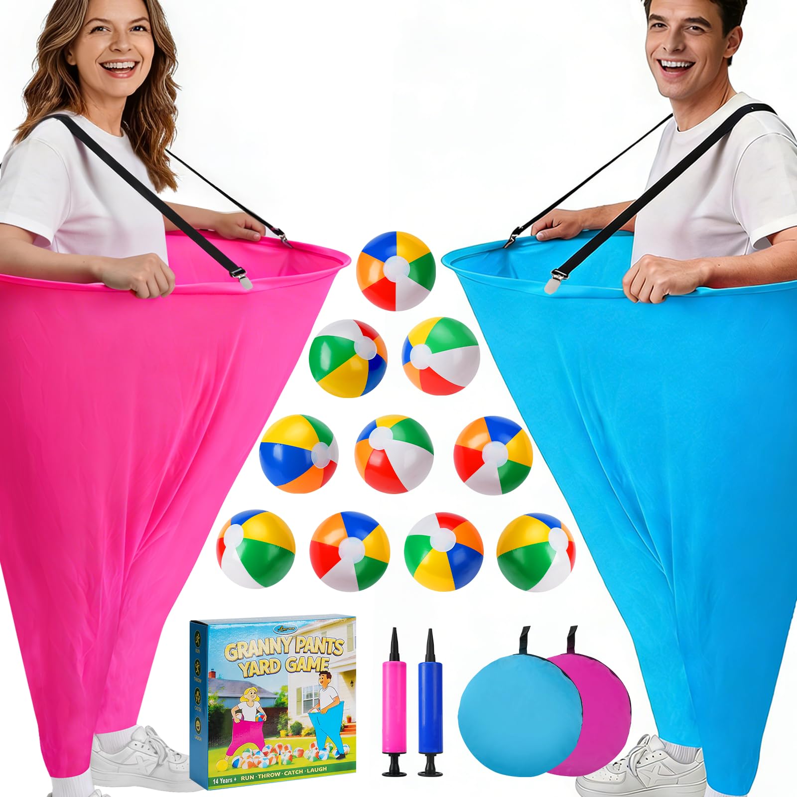 Photo 1 of 17 PCS Granny Pants Yard Game Easter Games Set, 2 Oversized Granny Pants Outdoor Games 10 Bouncy Balls, 2 Air Pumps, Outdoor Tossing Games for Adults Teens Party Backyard Lawn Family Reunion Gathering