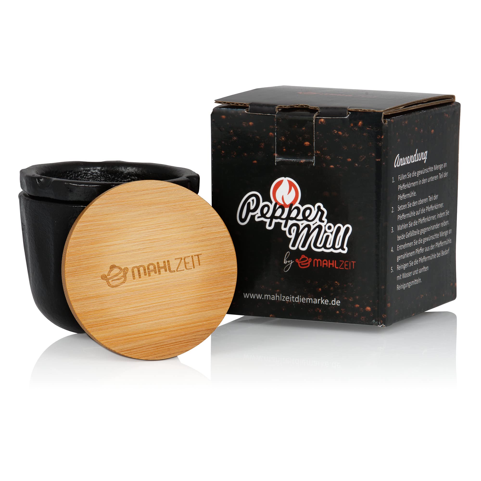 Mahlzeit Peppermill in ghisa | Ø 7,5 x (H) 8 cm | nero | coperchio in bambù con anello in silicone | macina spezie pepe mortaio erbe erbe aromatiche grattugia spezie mortaio in ghisa