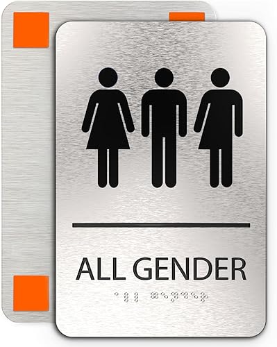 Miniatura 8 de ADASigns - Letrero unisex para baño, aluminio cepillado duradero de 6 x 9 pulgadas con Braille, fácil instalación con cinta adhesiva fuerte, Baño