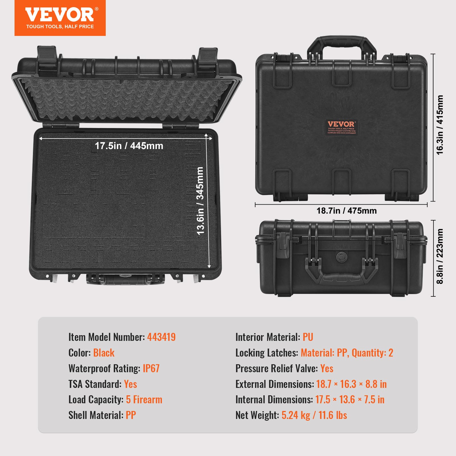 VEVOR Estuche Rígido para Pistola con Rvestimiento Precortado para 5 Pistolas Resistente al Agua y Polvo, 475 x 415 x 223 mm, Estuche para Pistola con Cerradura se Puede Llevar en Tren, Avión, Negro