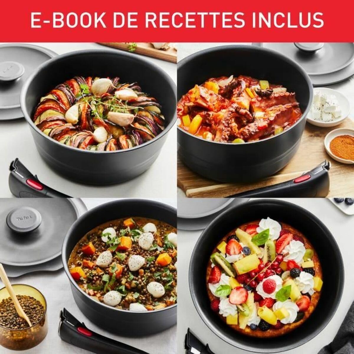 Tefal Ingenio Zestaw 6 sztuk, Patelnia, Wok + pokrywa szklana 26 cm, Cocotte + pokrywa z odlewu aluminiowego 20 cm, wyjmowany uchwyt Ingenio, indukcja, odlew aluminiowy, Inspiracja L867S604