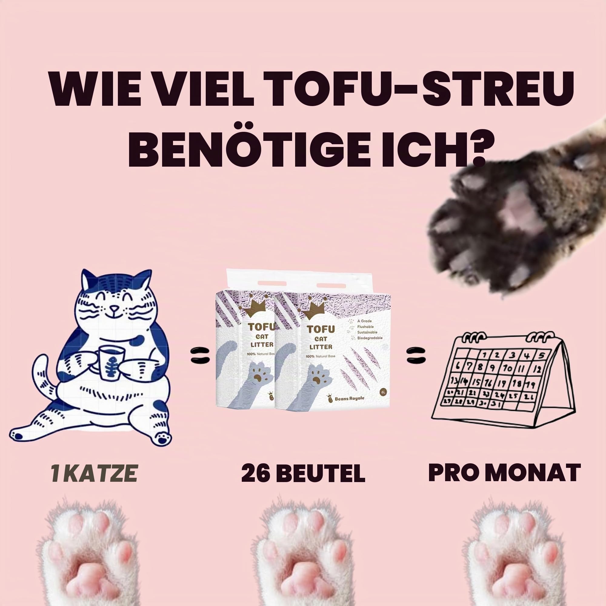 Tofu Katzenstreu, klumpendes Kätzchenstreu, spülbar, Erbsfaser, staubfrei, geruchskontrollierend, geringe Spurung