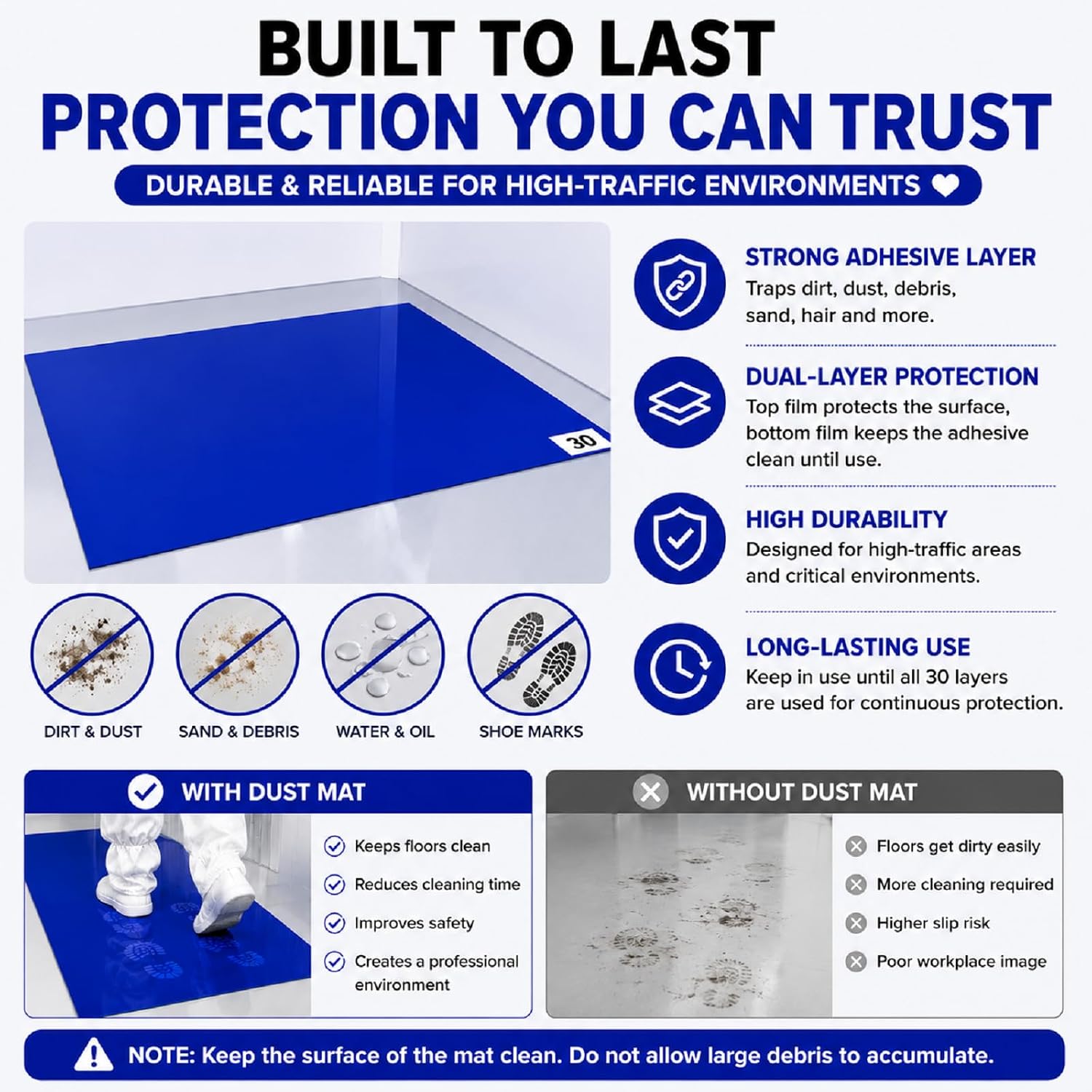 ABuff 300 Sheets Sticky Mat for Cleanrooms 13" x 17" Adhesive Mats Construction Tacky Floor Mats for Laboratory Hospital Construction Pet, Removes Dirt Dust Debris Sand Hair, 10 Pads of 30 Sheets