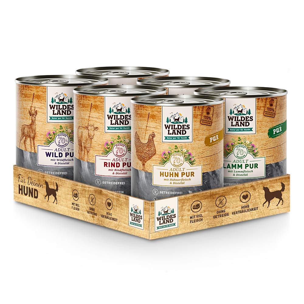 WILDES LAND – Wild | Nassfutter mit extra hohem Fleischanteil und natürlichen Zutaten für ausgewachsene Hunde. Alleinfutter ohne Zusatzstoffe in der Dose | 6x800g Wild