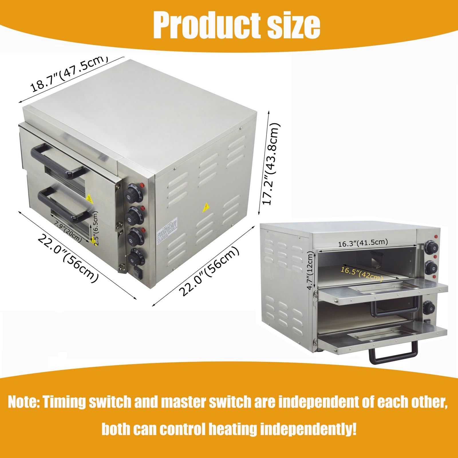 Horno de pizza comercial de 220 V, encimera eléctrica de doble piso, máquina de hornear pizza de 16 pulgadas, horno portátil de acero inoxidable de 3KW con control de tiempo, 0-120 minutos 2