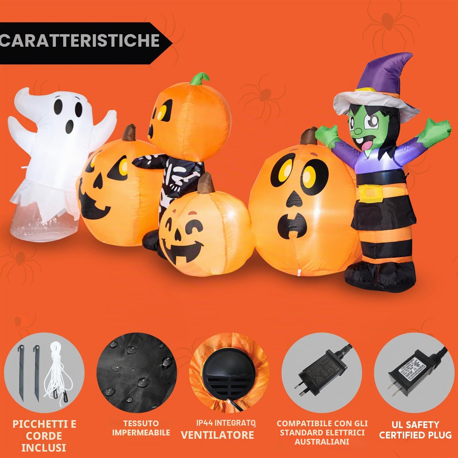 Joiedomi Gonfiabile Halloween 2,4 m - Tre Personaggi e Zucca Con LED Integrati - Decorazioni per Feste, Interni, Esterni, Cortile, Prato, Giardino