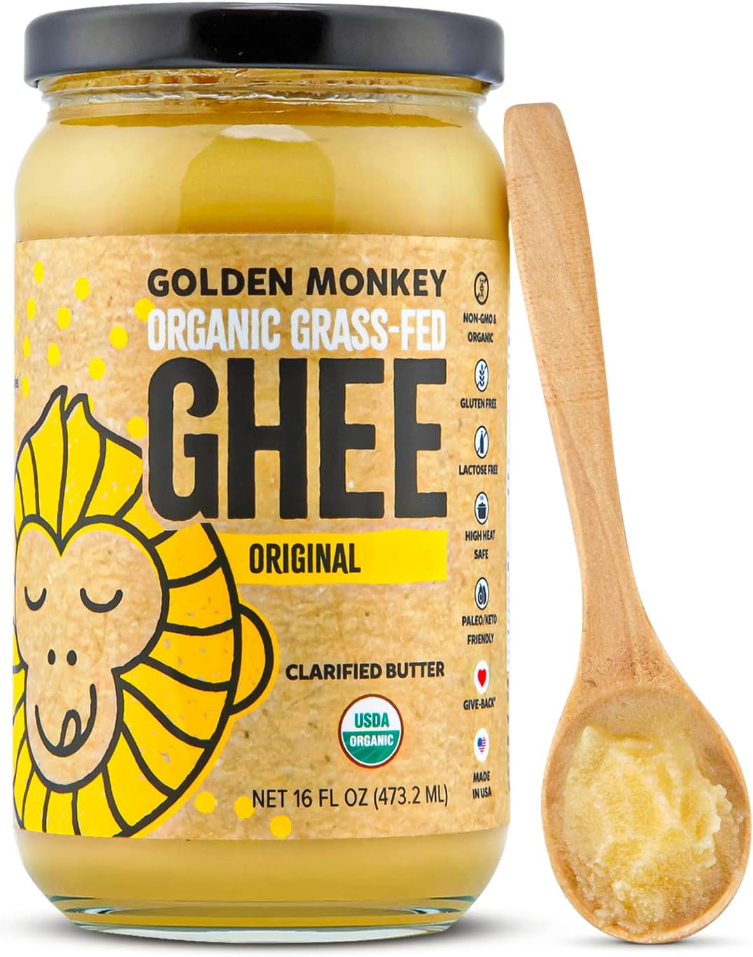 GOLDEN MONKEY Organic Ghee Butter – Grass Fed Clarified Butter for Cooking, Baking, Keto & Gut Health – Ghee Butter Organic Grass Fed from Small Farms – Smooth Spread with High Smoke Point (16oz)