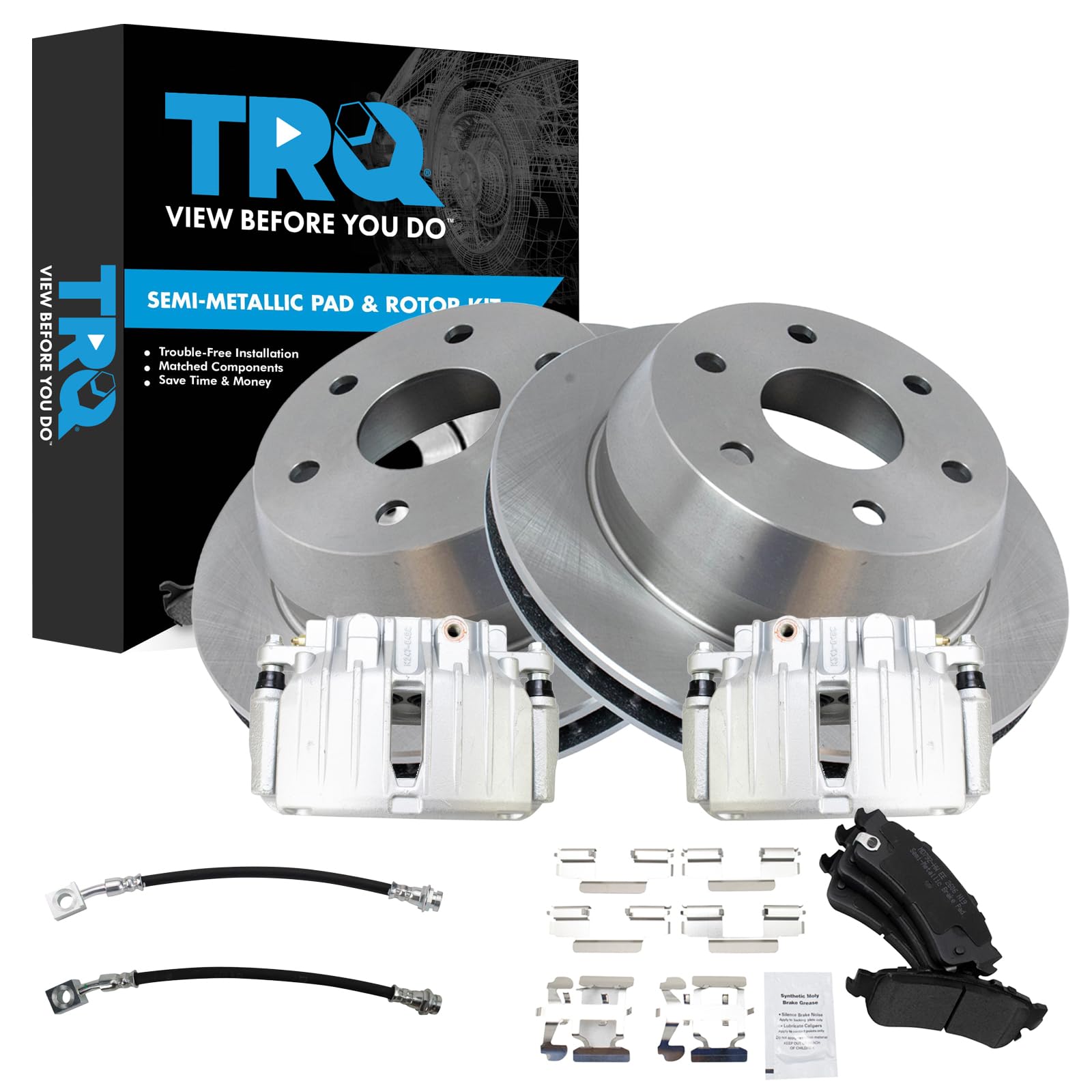 TRQ Rear Brake Pad and Rotor Set Semi Metallic Rotors Calipers Compatible with 2002 Cadillac Escalade Escalade EXT 2000-2001 GMC Yukon XL 1500