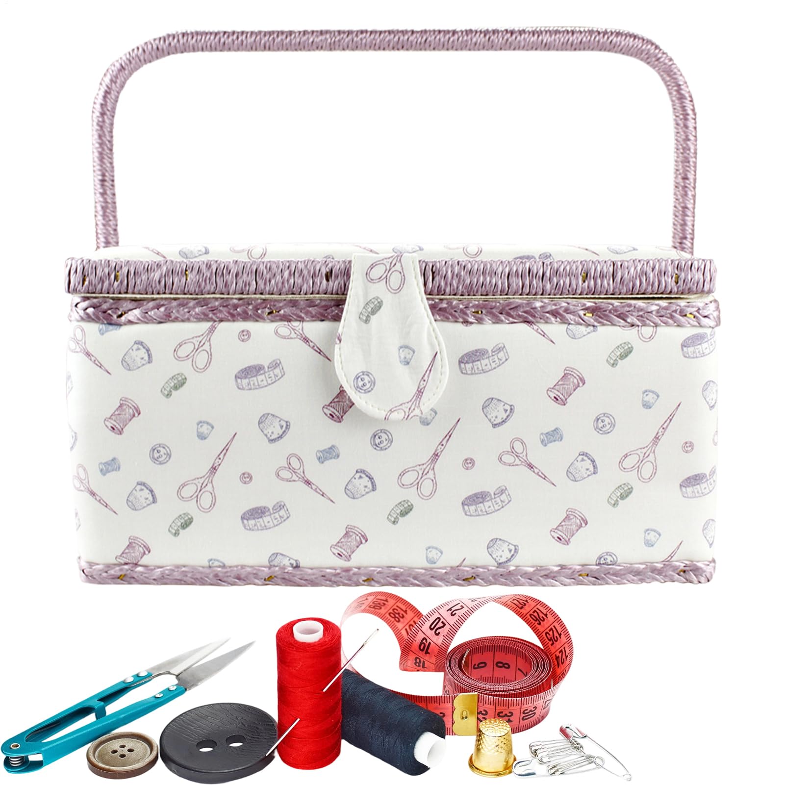 Cesta De Costura con Bandeja Extraíble y Compartimentos de Almacenamiento | Organizador de Accesorios de Costura Estampado Vintage para Hilos Agujeras y Labores de Tejer para Mujeres Adultas