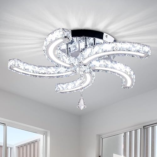 Modern Crystal Chandeliers Acrylic Crystal Led Ceiling Light Fixtures Arm Pendant Lighting Stainless Steel Ceiling Lamp Hanging Lights for Living Room Dining Room Bedroom (Cold White)