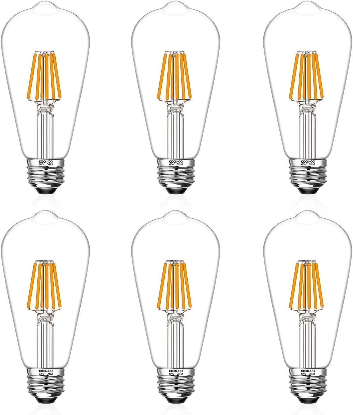 LED Edison Light Bulbs 60W Equivalent Halogen Replacement Dimmable E26 Base Vintage Filament Pendant Light Bulbs 2200K Warm White 6W UL-Listed Commercial Island Light Bulbs with 600lm 6 Pack by COOWOO
