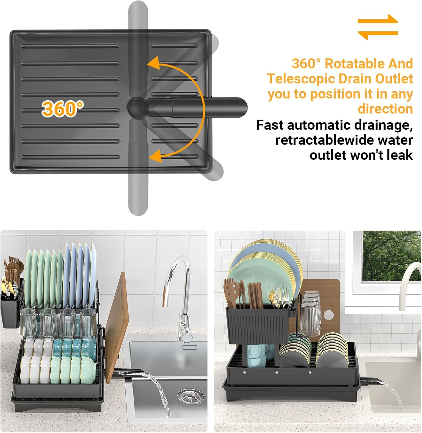 Large Dish Drying Rack 2 Tier for Kitchen Counter, Anti-Rust Metal Dish Rack with Lock & Lift System & Retractable Auto-Drain Spout, Escurridor de Platos with Cutting Board Holder, Black