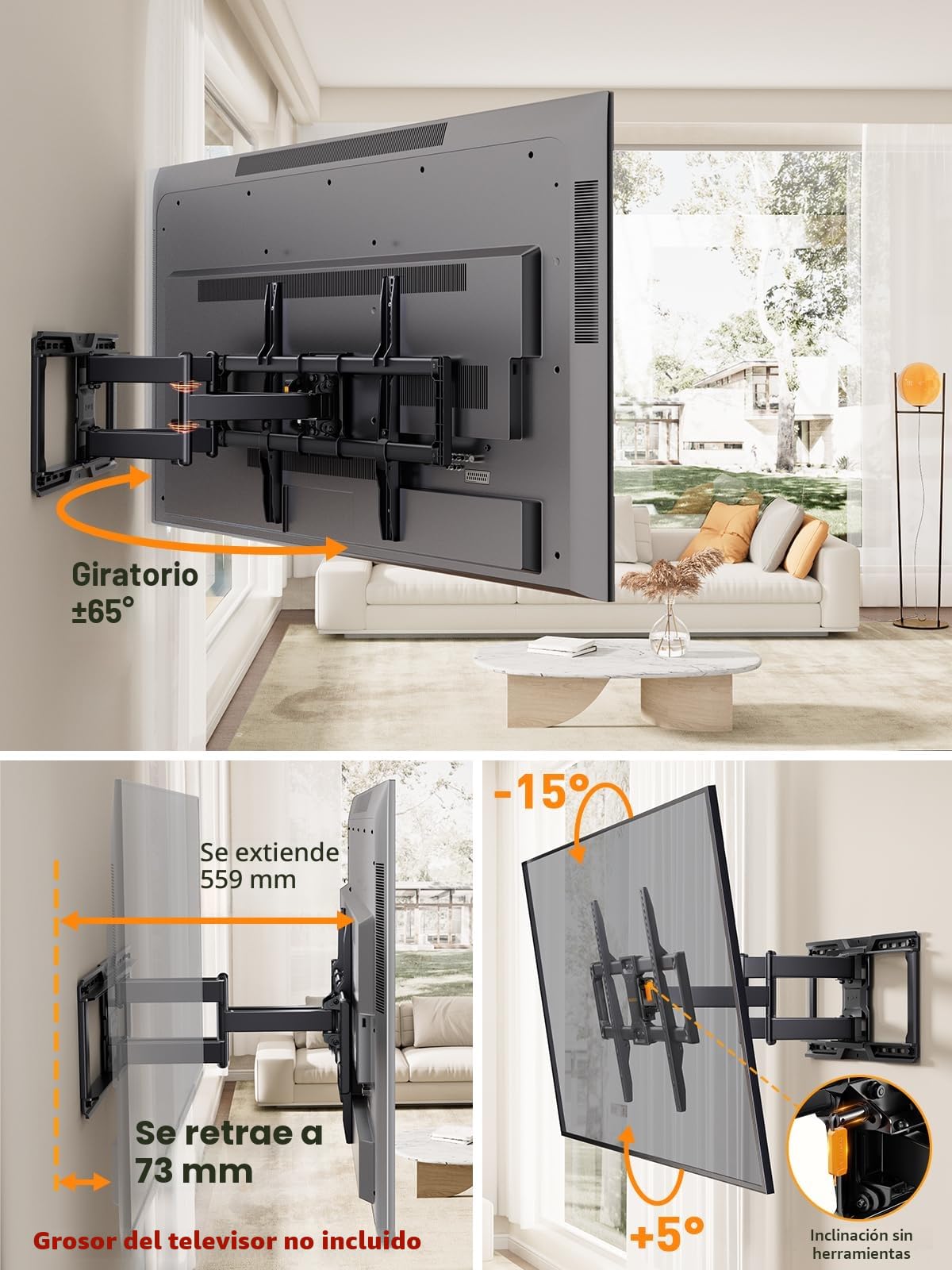 Perlegear Soporte TV Pared de Movimiento Completo para televisores de 42 a 90 Pulgadas, Soporte Universal TV con Largo Brazo 55.9cm, Soporte de Pared para TV soporta hasta 68kg máx. VESA 600x400 mm