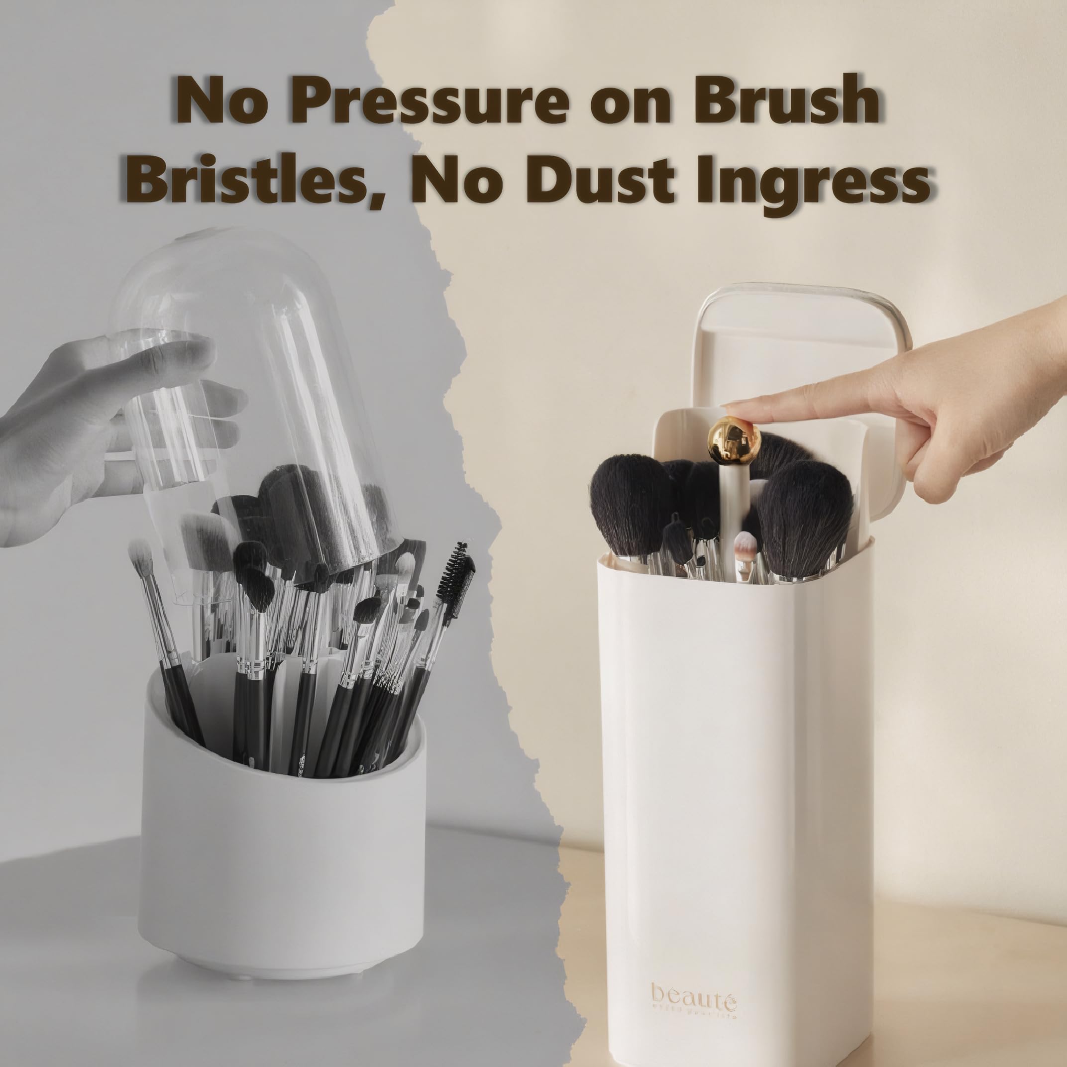 Make Up Brush Holder,4 Slots Automatic Lifting Dustproof Makeup Brush Holder with Lid,Make Up Brushes Storage,Waterproof Makeup Organizer for Dressing Table,countertop,Vanity (White) - Image 3