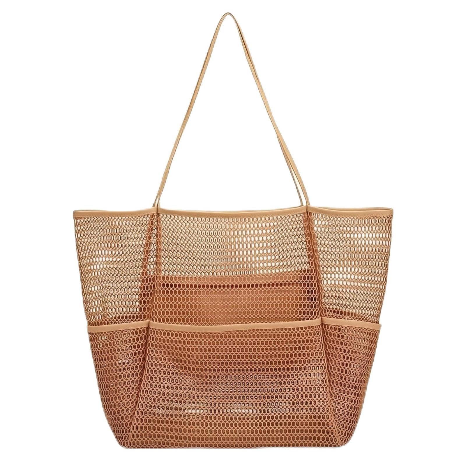 Mesh Beach Tote Compact Pocketed Beach Tote Exterior Pockets Caramel-image-40