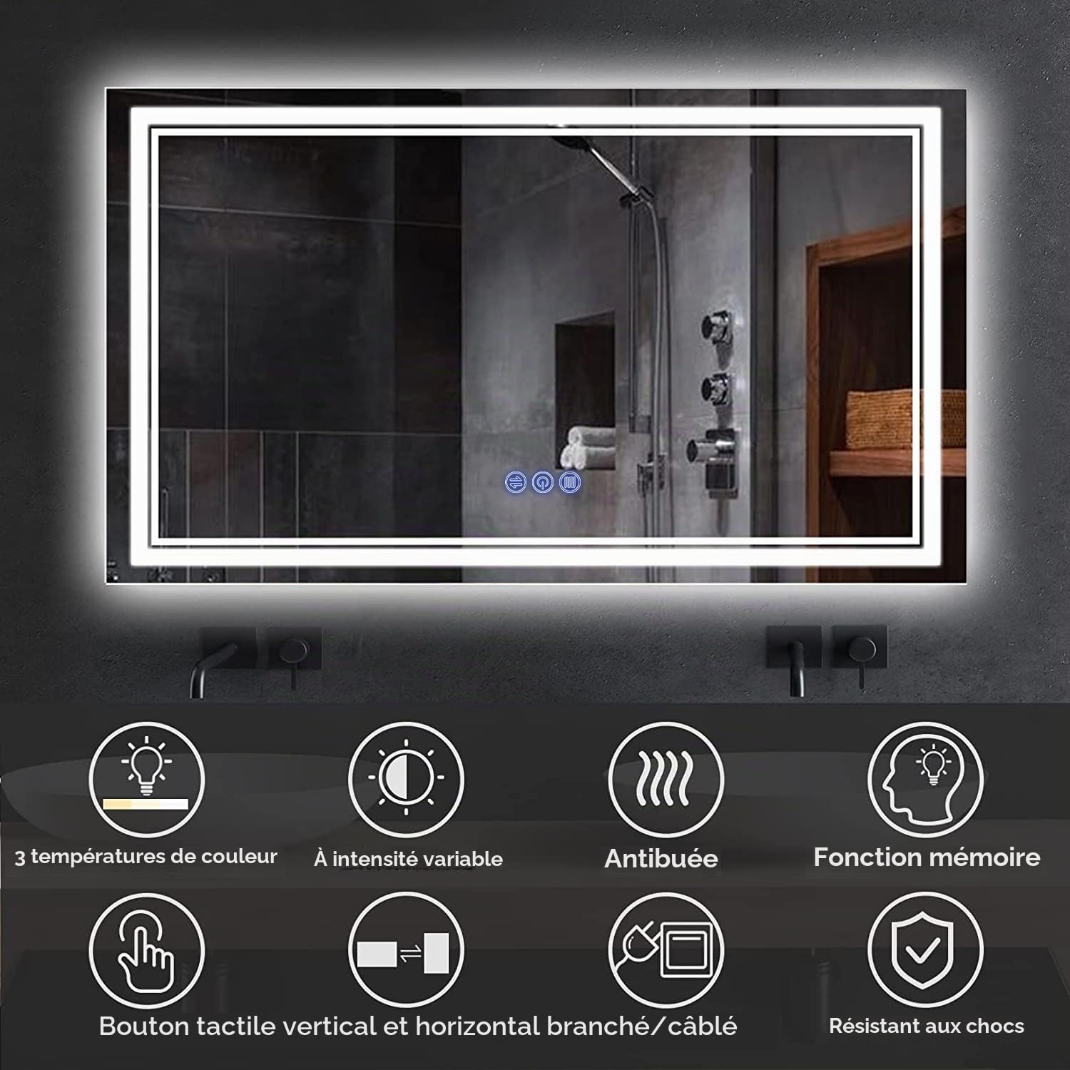 Miroir de Salle de Bain, avec éclairage, 120 x 70 cm, Miroir Mural et Interrupteur Tactile, IP65 LED, avec Fonction mémoire, 3 températures de Couleur, Horizontale/Verticale, Verre trempé HD