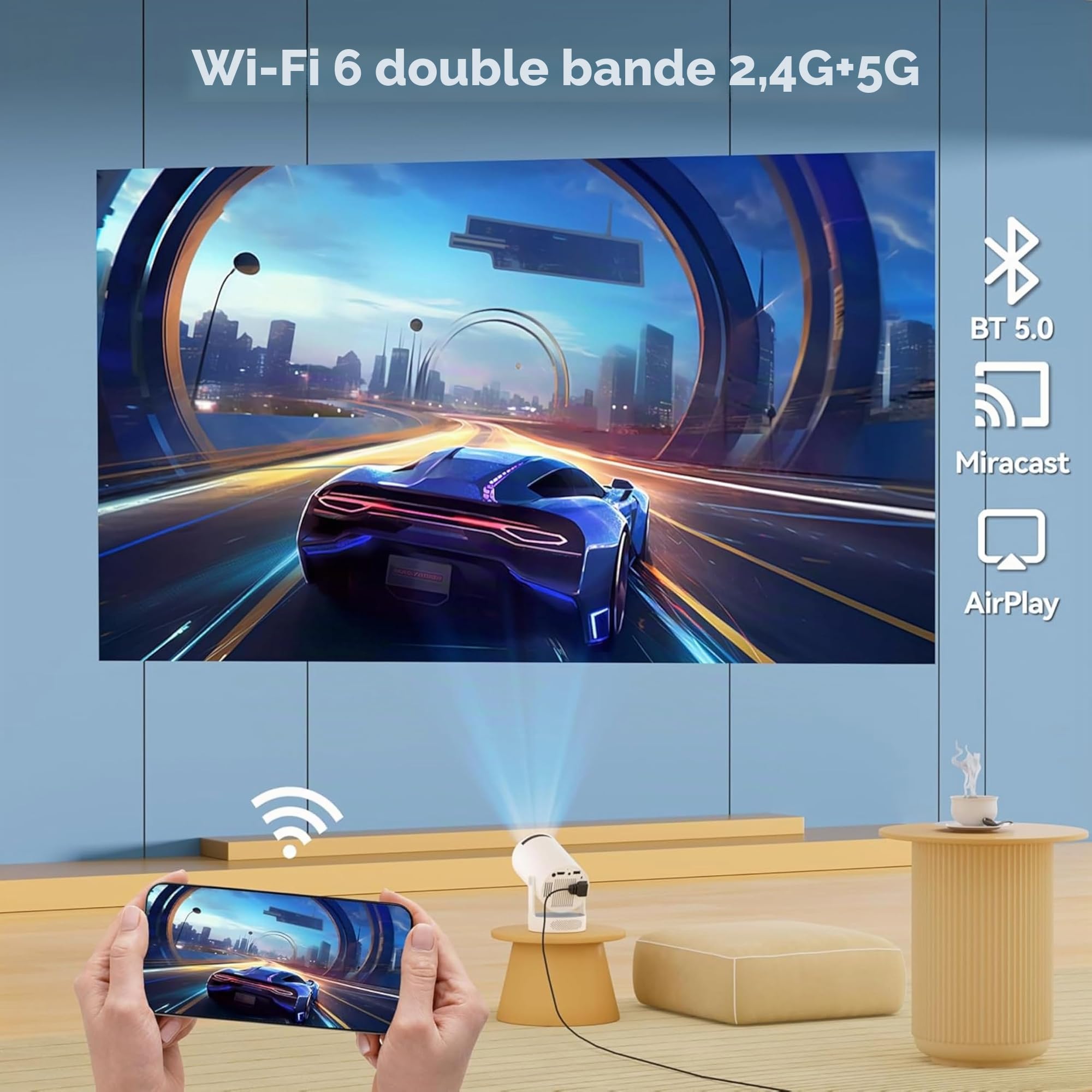 Projecteur portable avec WiFi 6 et Bluetooth 5.0, projecteur intelligent 4K 1080p, 280 lumens ANSI, projecteur vidéo Keystone automatique pour chambre à coucher, maison, extérieur (blanc)