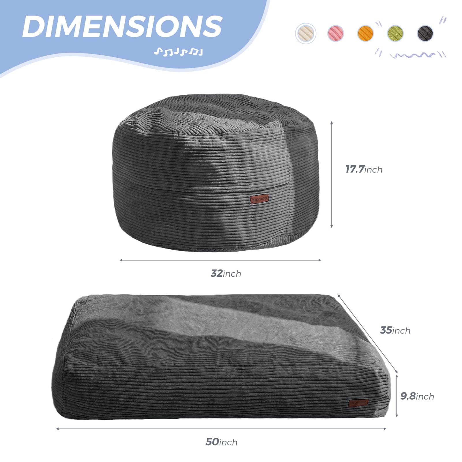 MAXYOYO Bean Bag Chair Bed for Kids, Convertible Bean Bag Folds from Lazy Chair to Floor Mattress Bed, Machine Washable Corded Fabric, Stuffed Floor Sofa Couch for Boys and Girls, Dark Grey