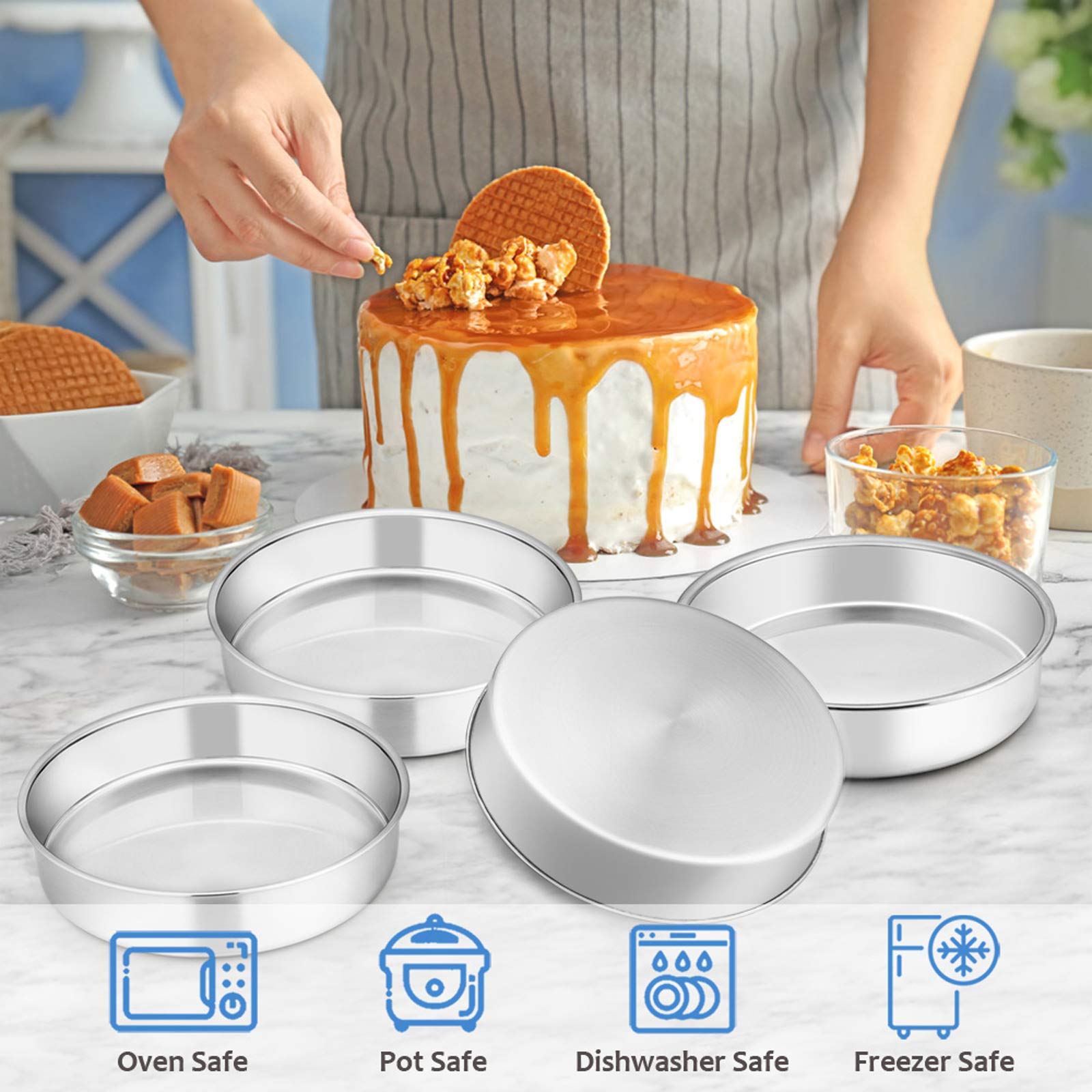 Juego de 4 moldes para pasteles de 8 pulgadas, de acero inoxidable, de capa redonda, no tóxico y saludable, acabado espejo y apto para lavavajillas 5