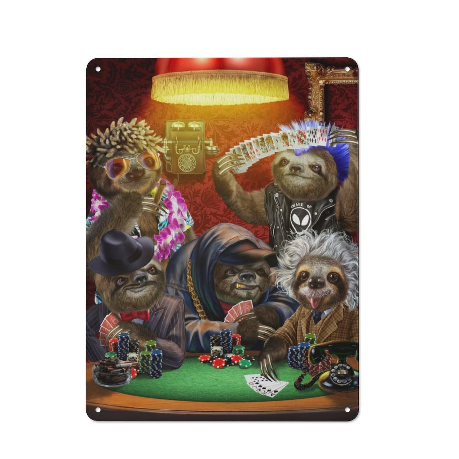 Junmoney Sloth Playing Poker Game Vintage Printed Metal Sign 40X30cm For Workshop Wall, A Decorative Gift For A Newly Furnished Workshop