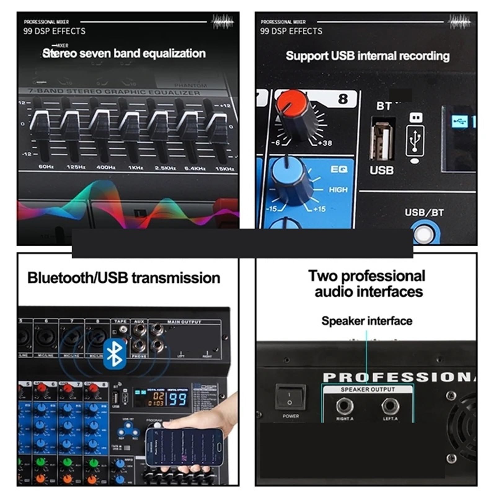 Mezclador de audio, Mezclador De 6 Canales Con 99 Efectos Reverberación, Equipado Ventilador, For Equipos DJ Y Karaoke para transmisión en vivo, podcasting, PC