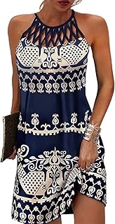BIRW Summer Dresses for Women 2024 Casual Floral Hollow Out Halter Neck A-line Cold Shoulder Sundresses for Beach Vacation