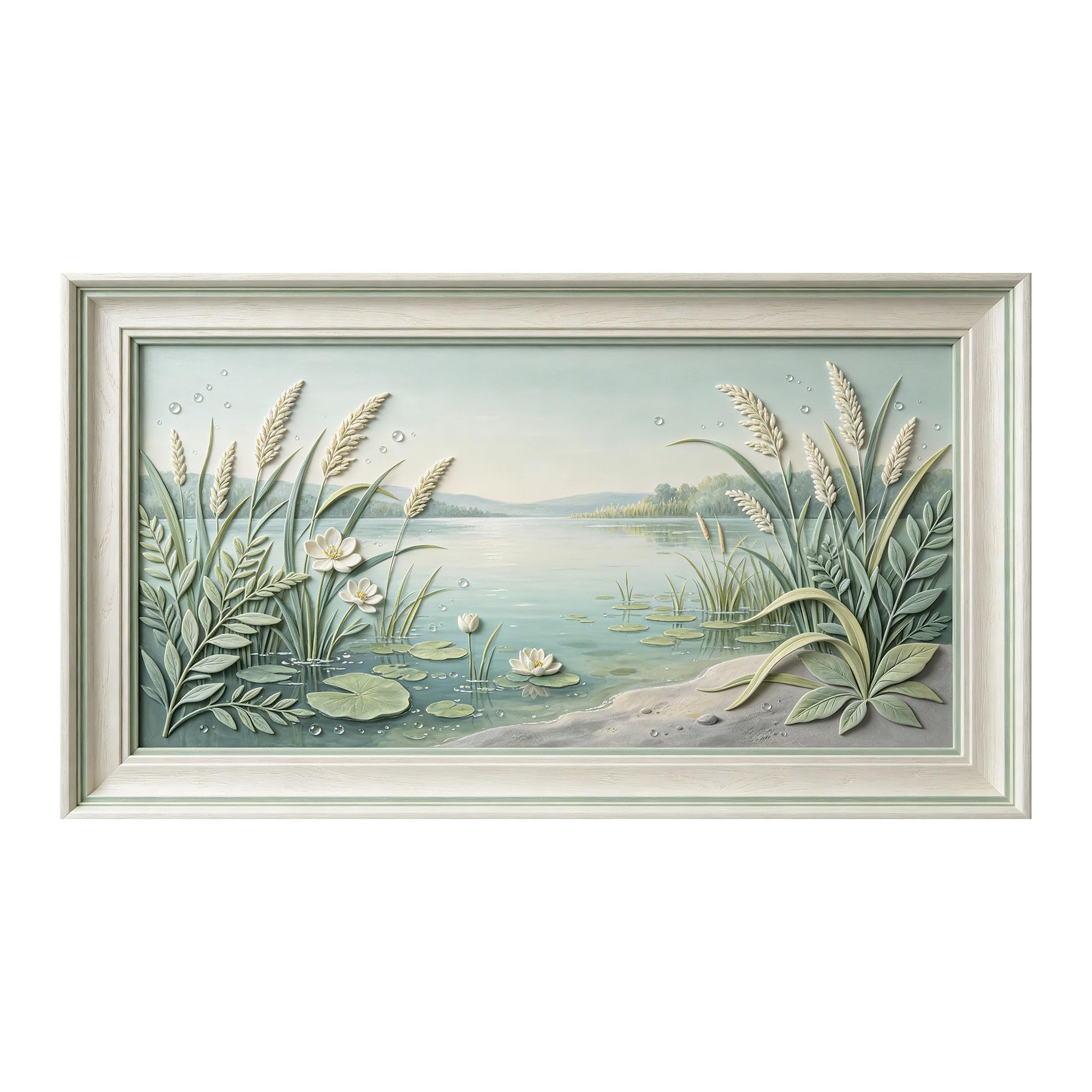 Murasolite 3D Framed Wall Art Lake Shore Botanical Landscape Watercolor Style SelfAdhesive Fabric Mural Wall Decor， Peel and Stick No Damage to Wall， AntiFall Safe Design for Bedroom Living Room