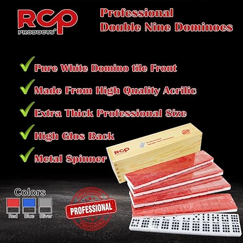 Miniatura 6 de RCP PRODUCTS Double Nine Dominoes Professional, juego de dominó de alto brillo en caja de madera, juego de 55 azulejos. Color rojo