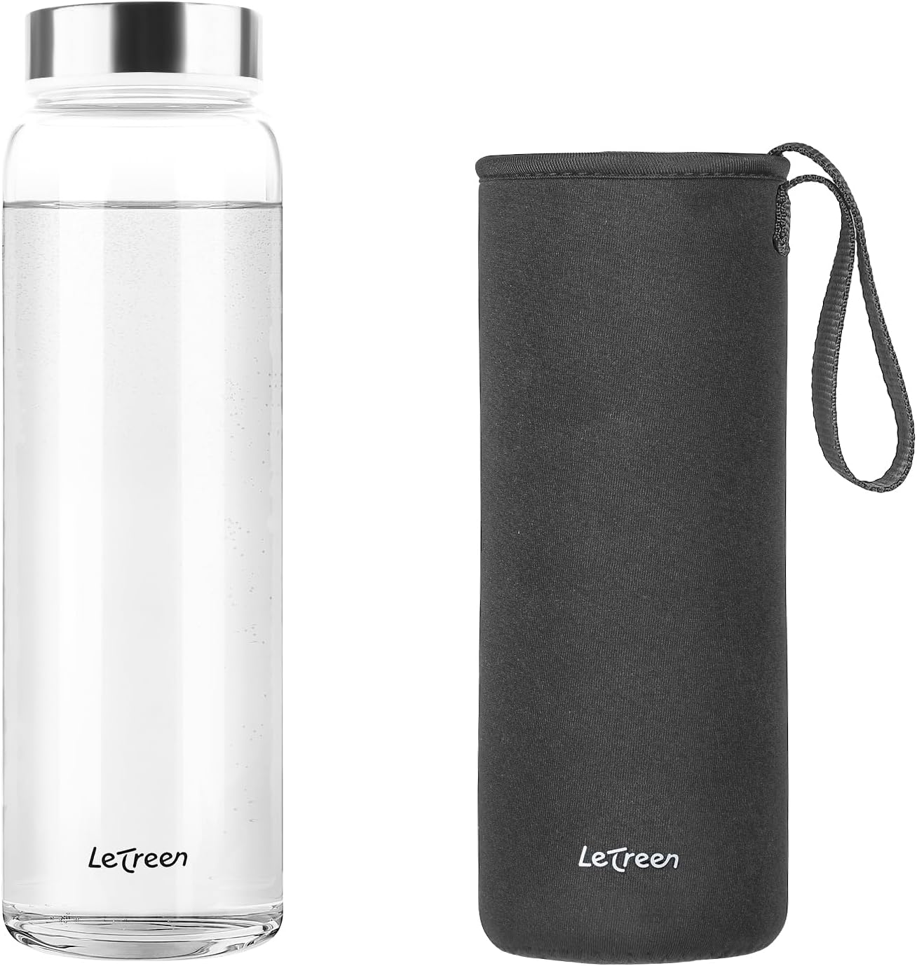 LETREEN Glass Water Bottle 32 oz, Borosilicate Wide Mouth Glass Water Bottle with Neoprene Sleeve, BPA-Free Leak Proof Reusable for Hot Cold Drinks, Work, Gym, Home