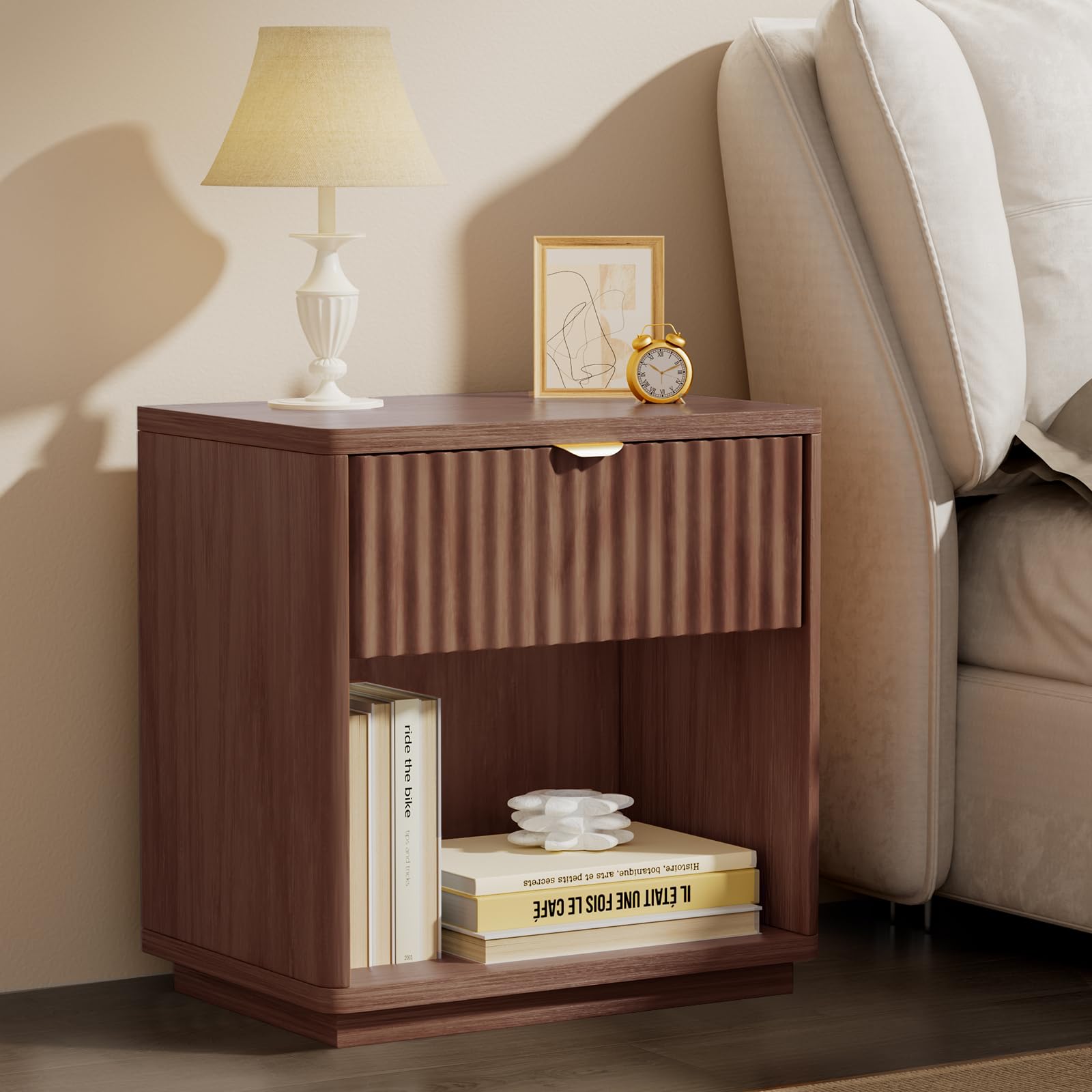 SnuHome Night Stand, Nightstand with Drawers Bedside Table End Table, Modern Fluted Nightstand Bed Side Table for Bedroom Living Room (Brown)