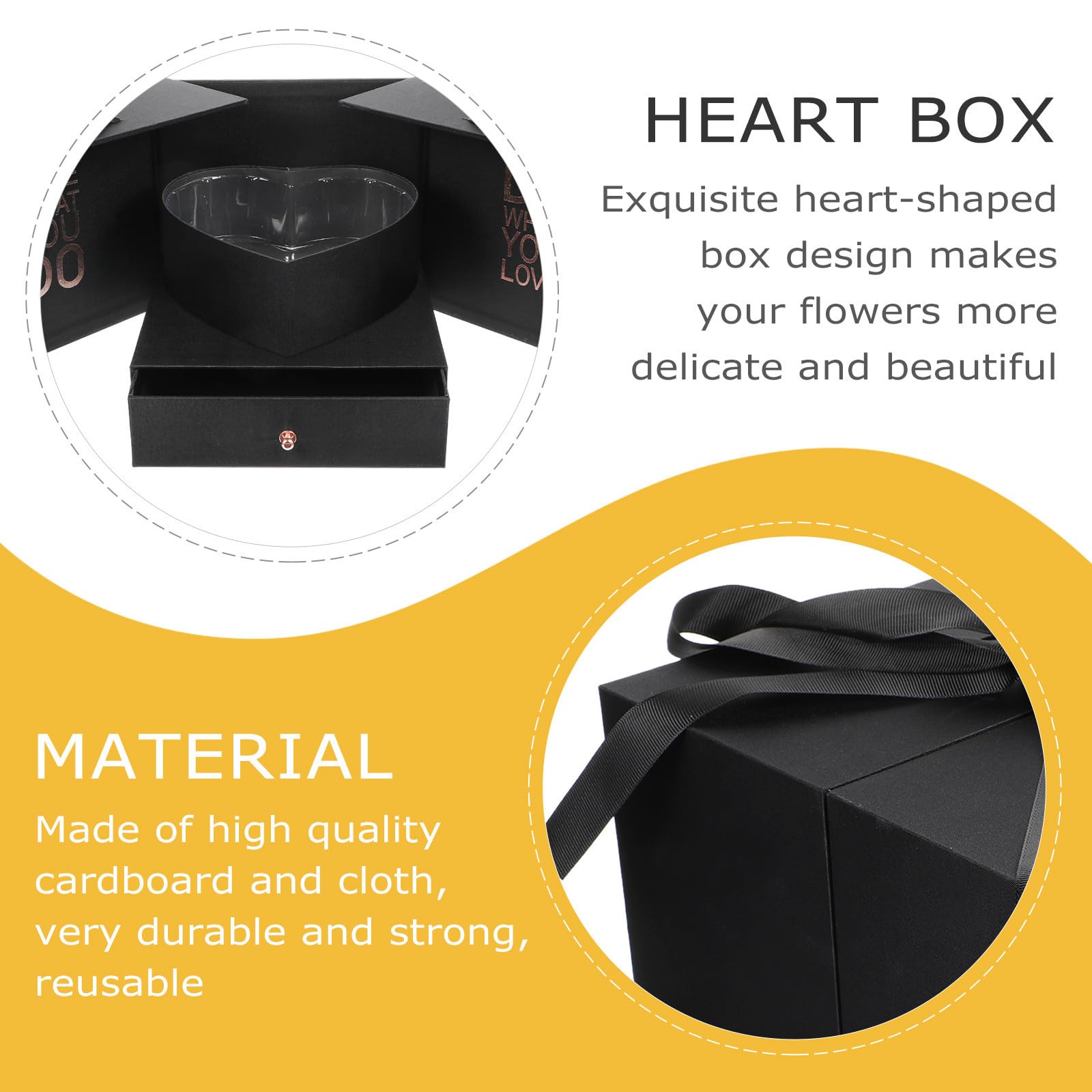 Scatola Regalo a Forma di Cuore, Flower Box per Fiori e Rossetto, Cartone e Tessuto, Nera, Riutilizzabile, per Compleanno e Altre Occasioni