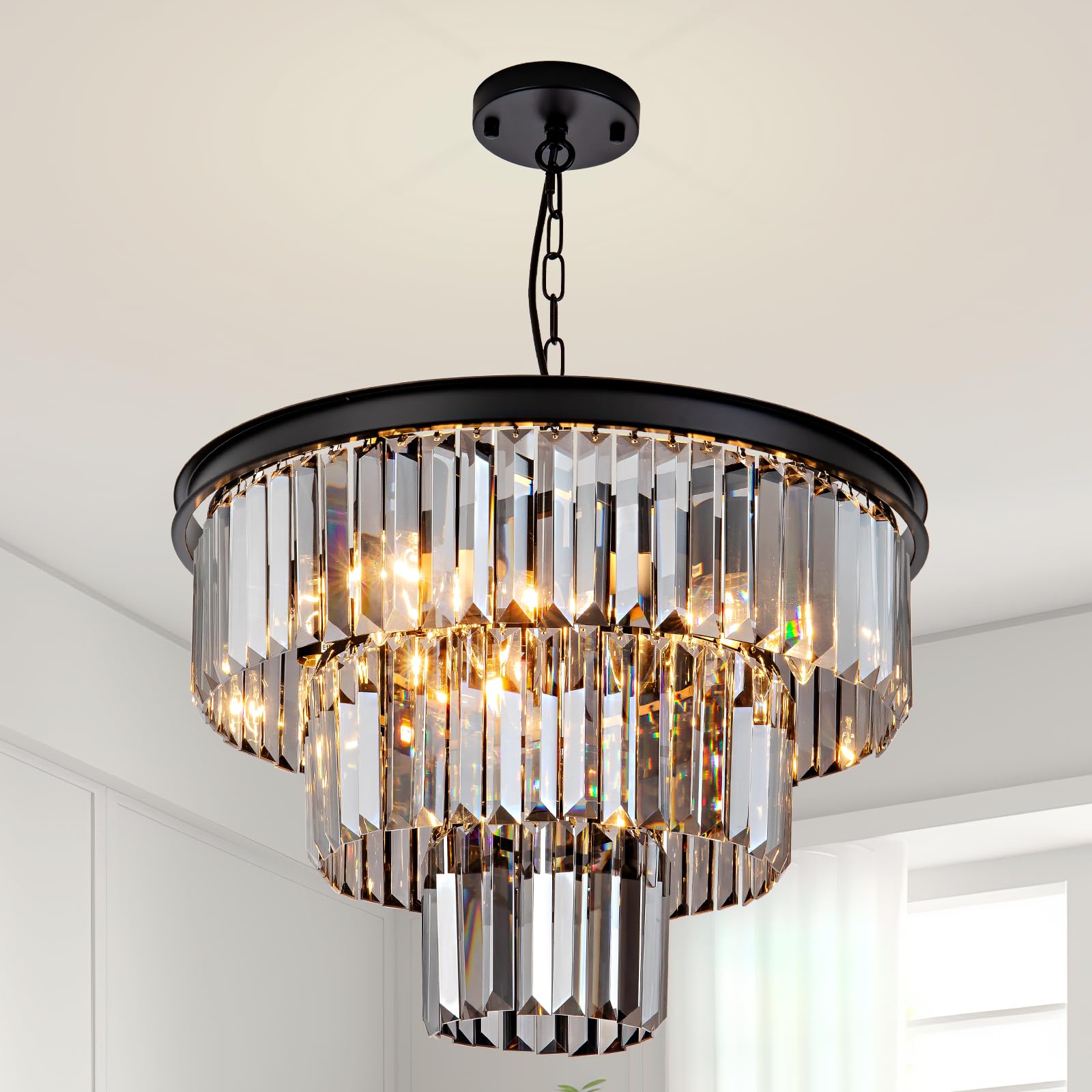 HCCZ 8 Light Black Crystal Chandelier 20'' Luxury Smoke Modern