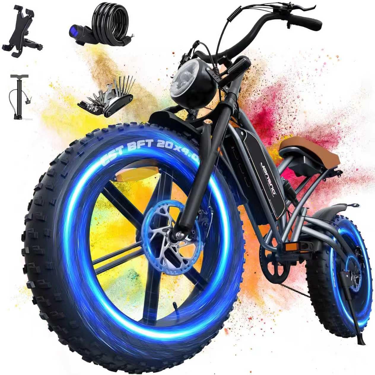 Lunos Electric Bike for adults，20 Inch Off-Road Ebike with 48V 14/17/23/34Ah Detachable Lithium Battery, 7 Speed Snow Bike with Dual Shock Absorbers and Brush-less Motor Ebike