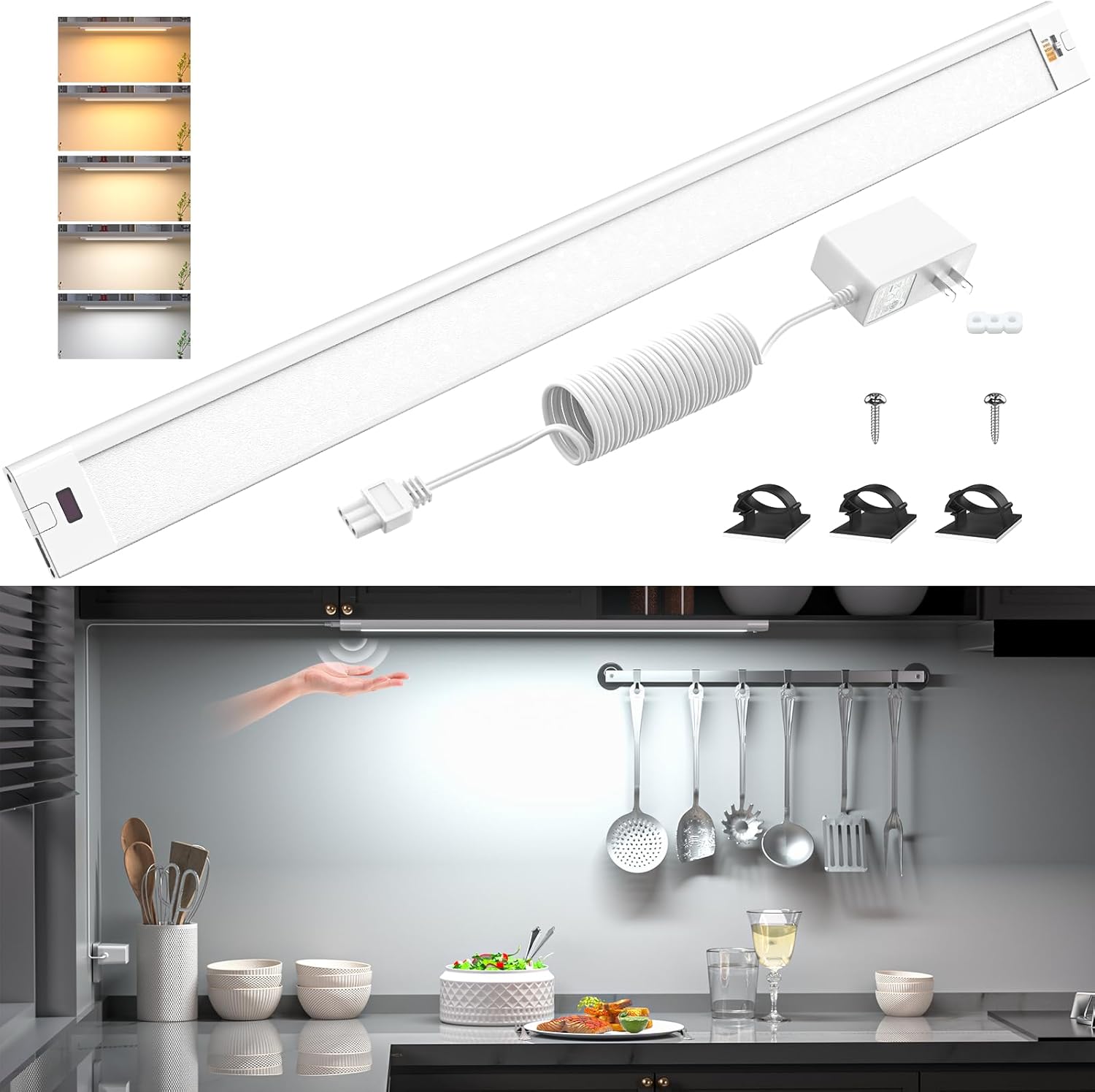 WOBANE 16.5 inch Under Cabinet Lighting,5 Color Settings,Under Counter Lights for Kitchen,Hand Wave Activated,Touchless for Cabinet,Shelf,Under Desk,Color Tunable 2700K to 6000K,Dimmable,White,1000LM 16.5inch White