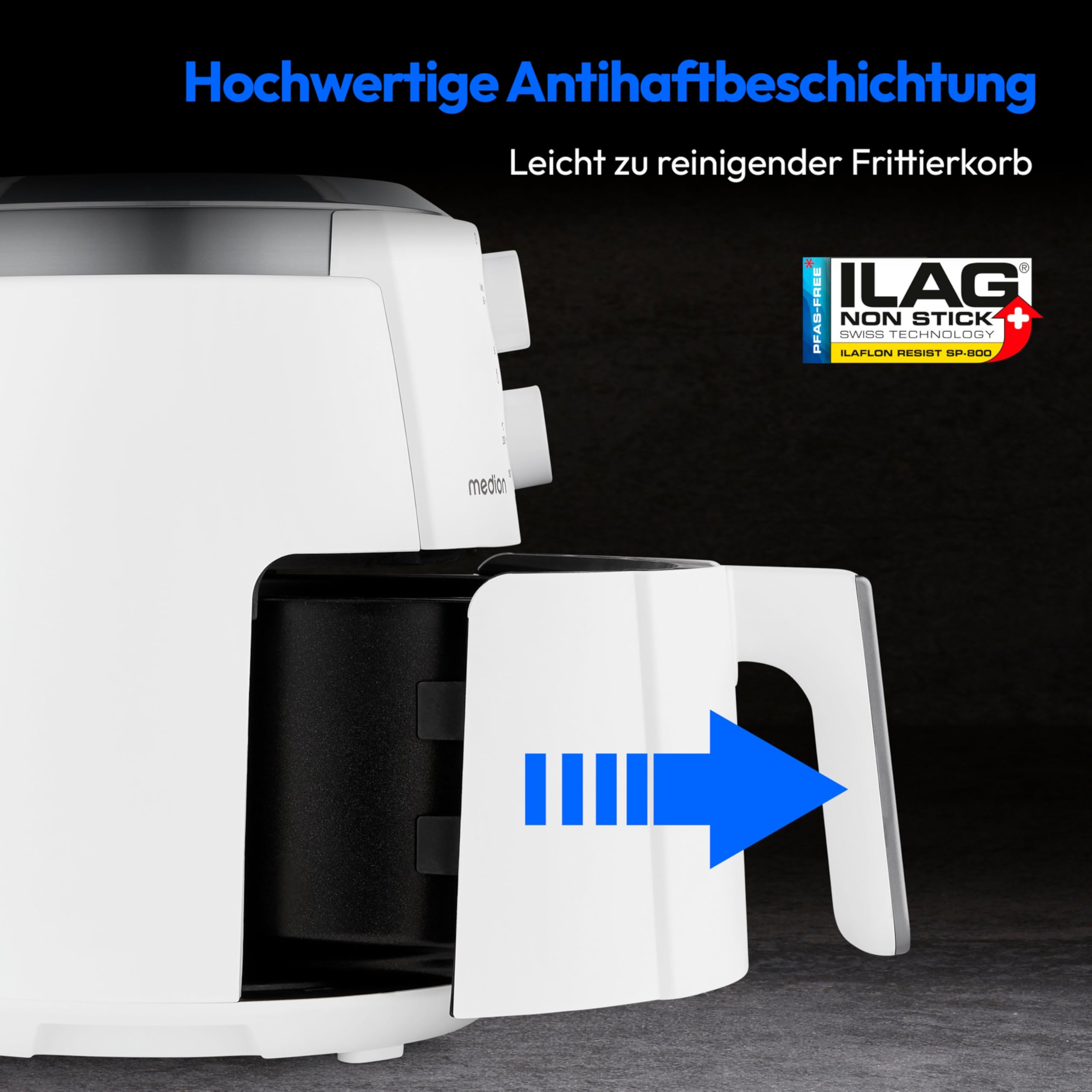 MEDION P30 L Heißluftfritteuse (4,7 Liter, Airfryer, 1500 Watt, einfache Bedienung, ölfreies Frittieren, 60 Min Timer, bis zu 200° C, Antihaft-Beschichtung, MD13020)