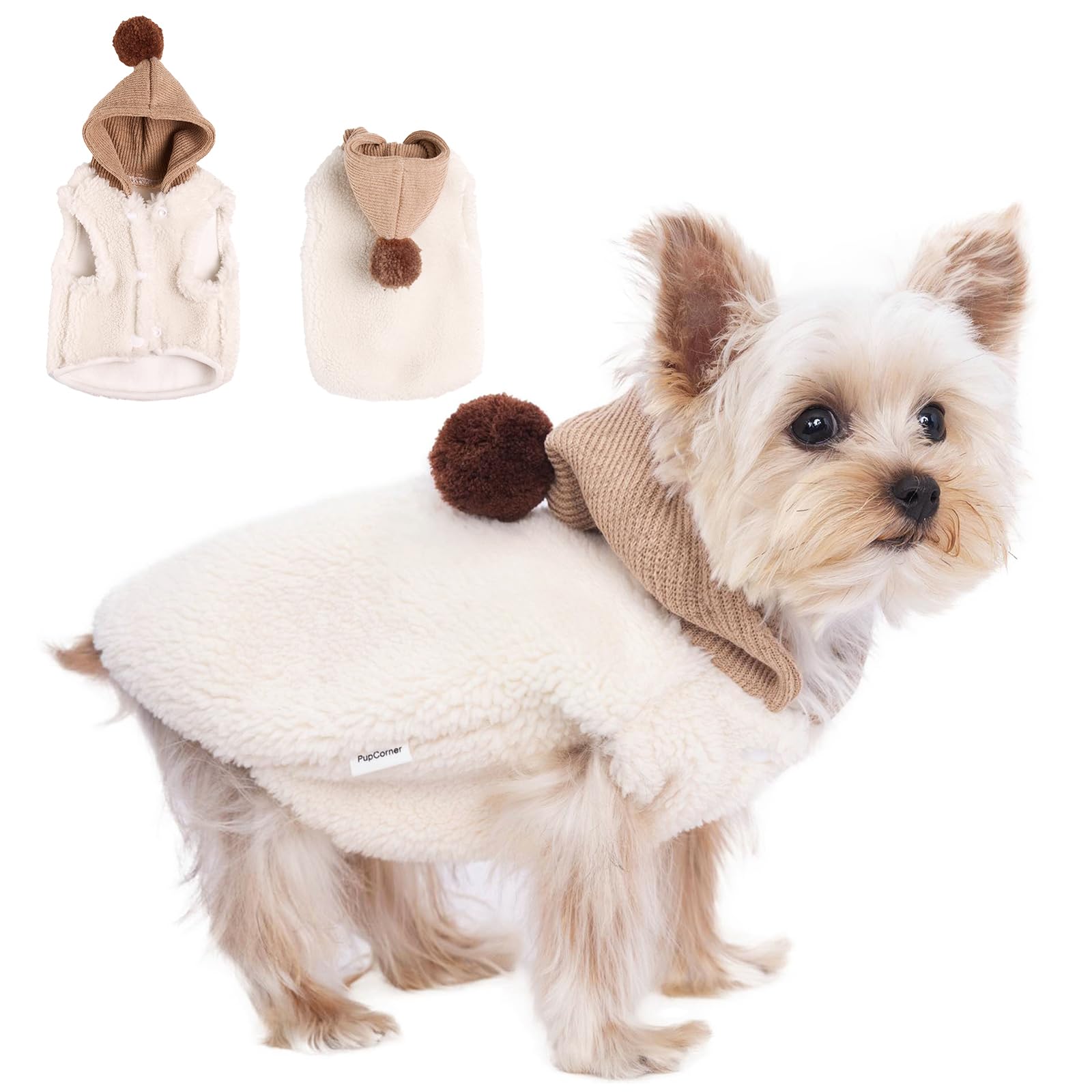 PupCorner Winter Small Dog Double Fleece Hoodie, Cute Warm Sleeveless Buckle Sweater for Teacup Chihuahua Yorkshire, Coat for Small Medium Dogs and