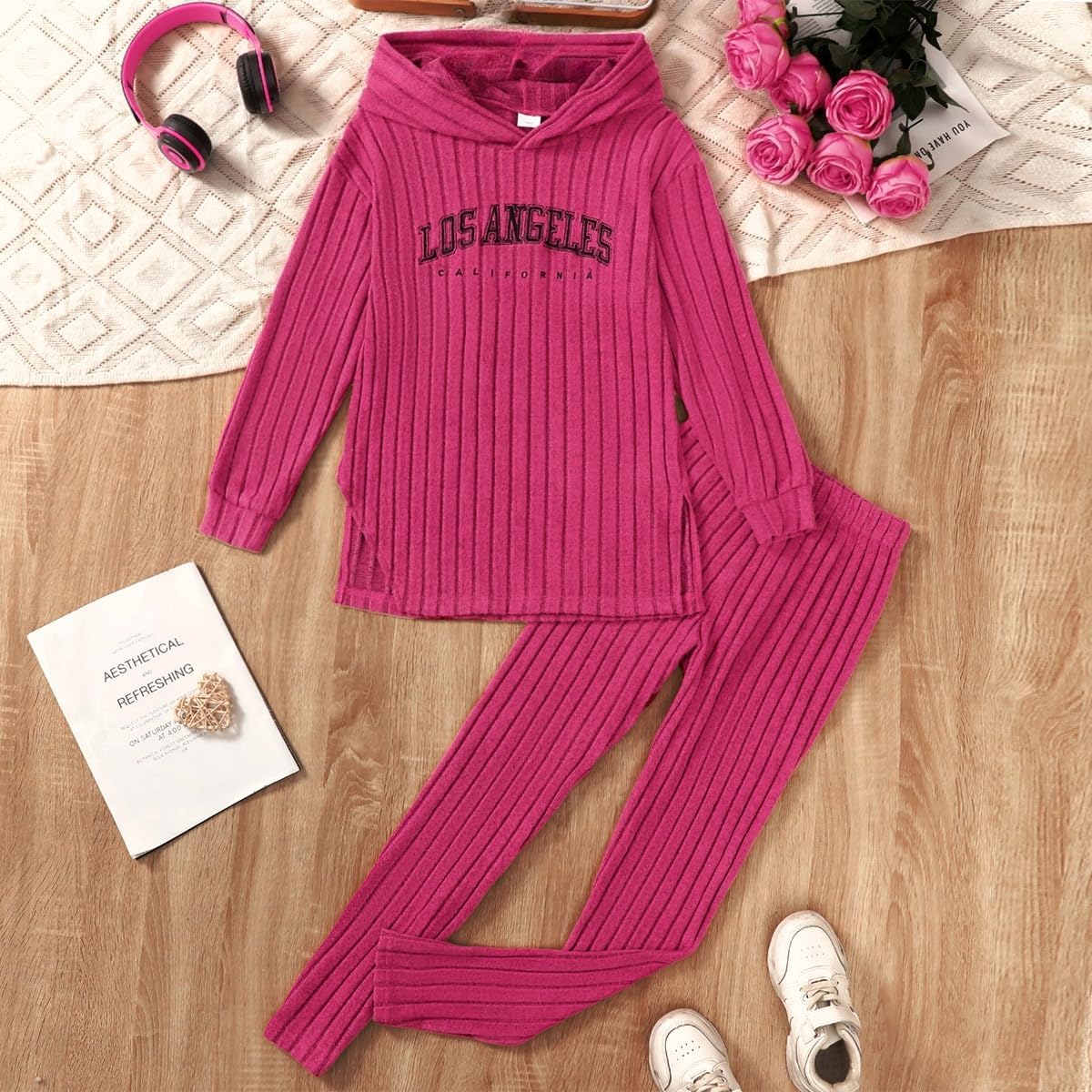 Girls Pants Set 2 Piece, Pink Ribbed Knit Hoodie and Joggers with Los Angeles Graphic for Girls 8-12 Y