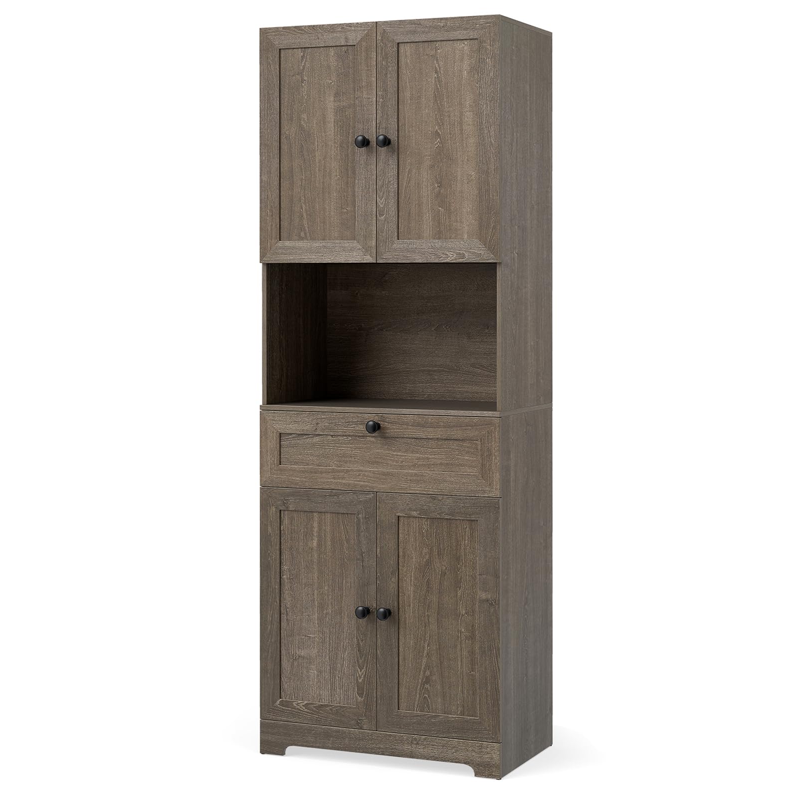 TANGZON Tall Kitchen Cupboard, 4-Door Pantry Cabinet with Adjustable Shelf, Drawer, Countertop & Anti-tipping Kits, Freestanding Sideboard Kitchen Storage Unit for Dining Living Room (Gray Oak)