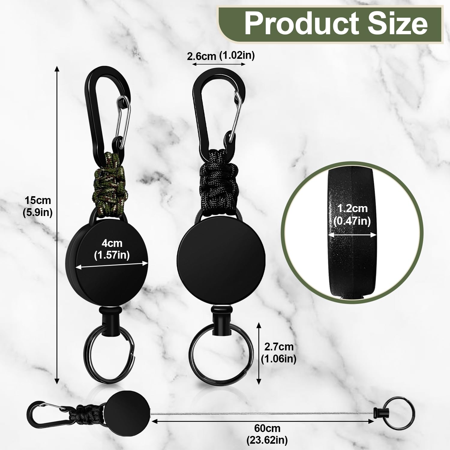 Porta Badge Retrattile Portachiavi Allungabile 60cm Filo Acciaio 2 Pezzi Nero+Verde