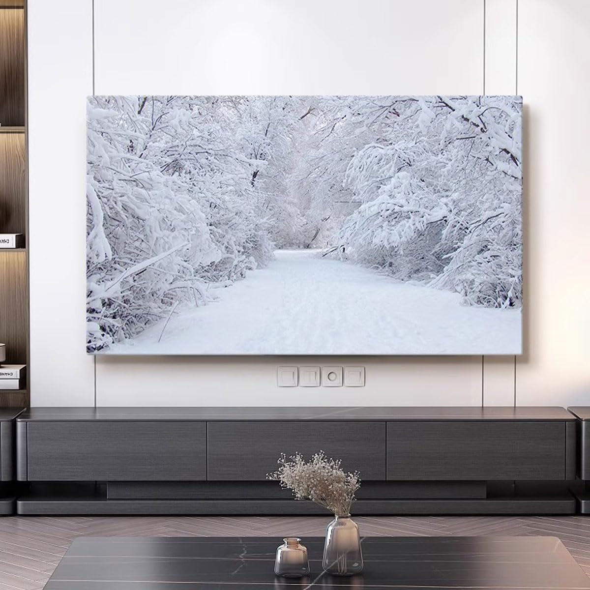 Uniwersalna Elastyczna Osłona Na Telewizor Zakrzywiony Ekran Do Montażu Na ścianie Osłona Przeciwkurzowa Nowoczesny Zimowy Krajobraz Art Printed Tv Osłona Przeciwpyłowa Wewnętrzn(Size:100IN,Color:B)
