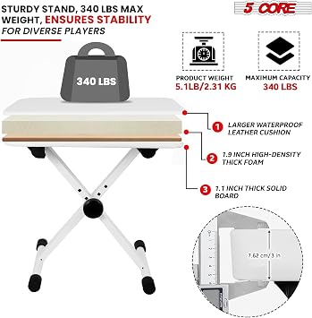 5 CORE Piano Bench X-Style Foldable 3 Padded Keyboard Seat Adjustable Height for Keyboards Synths Digital Pianos for Musicians, Kids & Professionals White - KBB WH HD