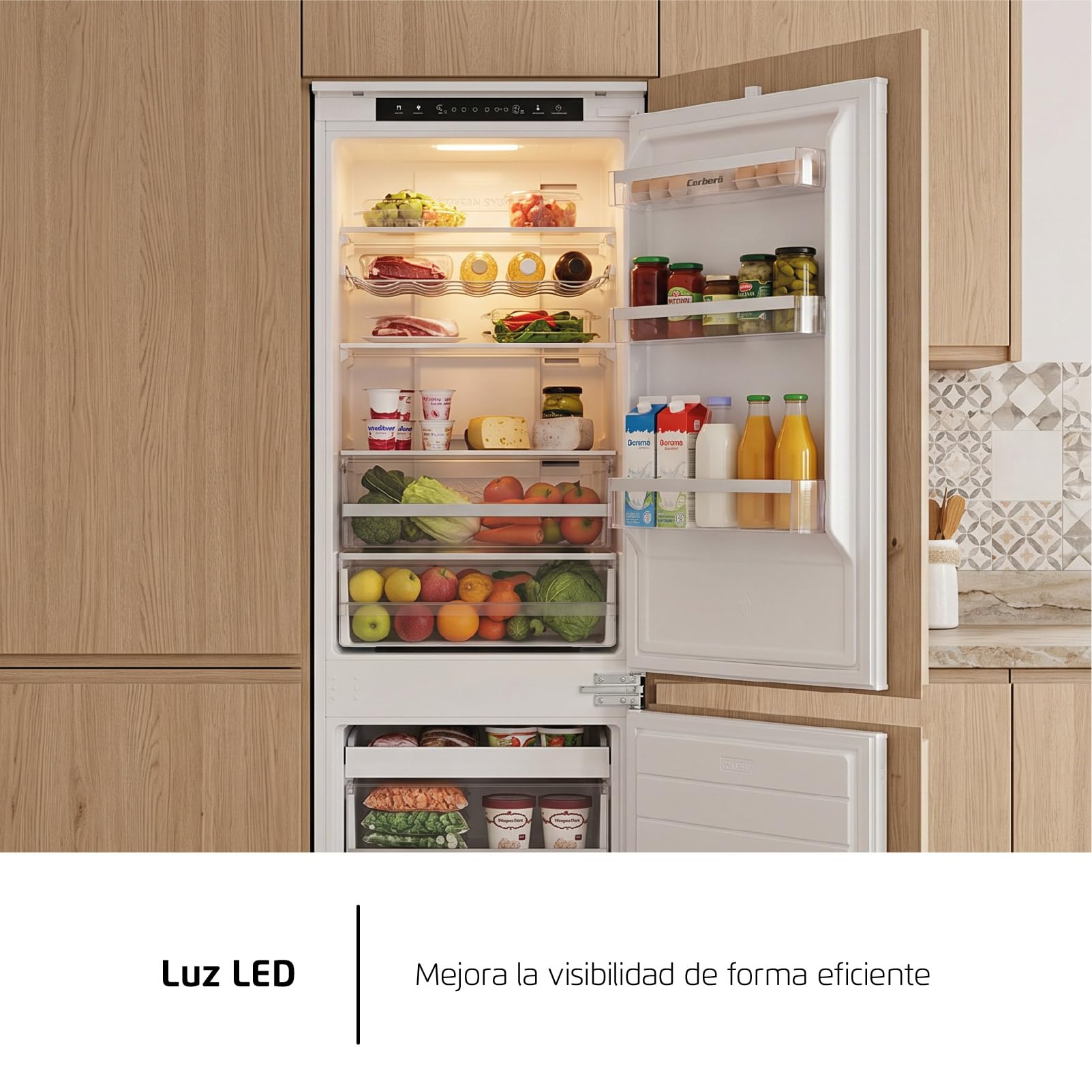 Corberó - Frigorífico Combi | CCH1756NFINT | 253 Litros | 179 cm | No Frost | Display Interior, Fresh Box | Cajón Crisper | Botellero de Madera | Modo Vacaciones | Blanco