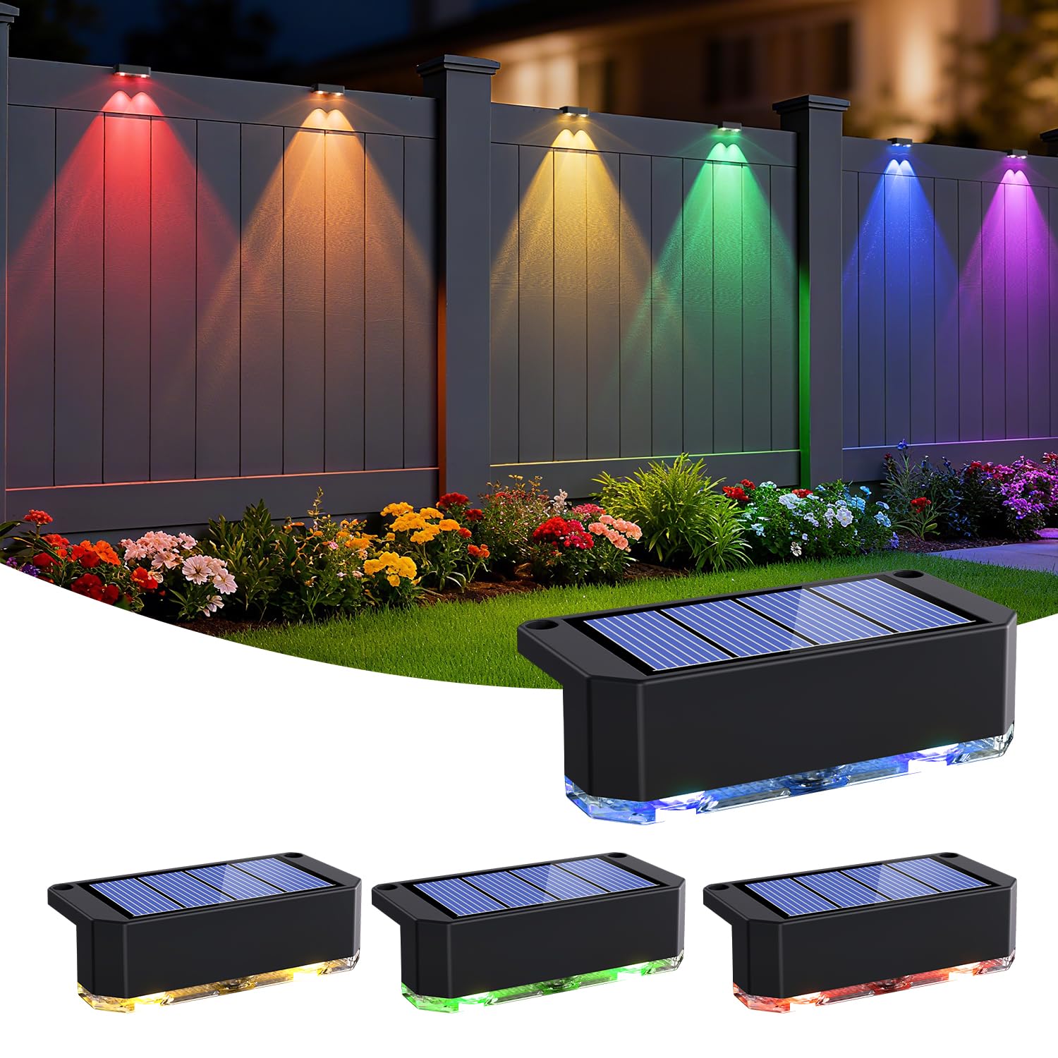 Peasur 4 Stück RGB Solarlampen für Außen, Solar Zaunleuchten Aussenleuchte, Wasserdichte Solarleuchte Zaun, Solar Wandleuchte Aussen für Stufen, Terrasse, Treppen, Balkon