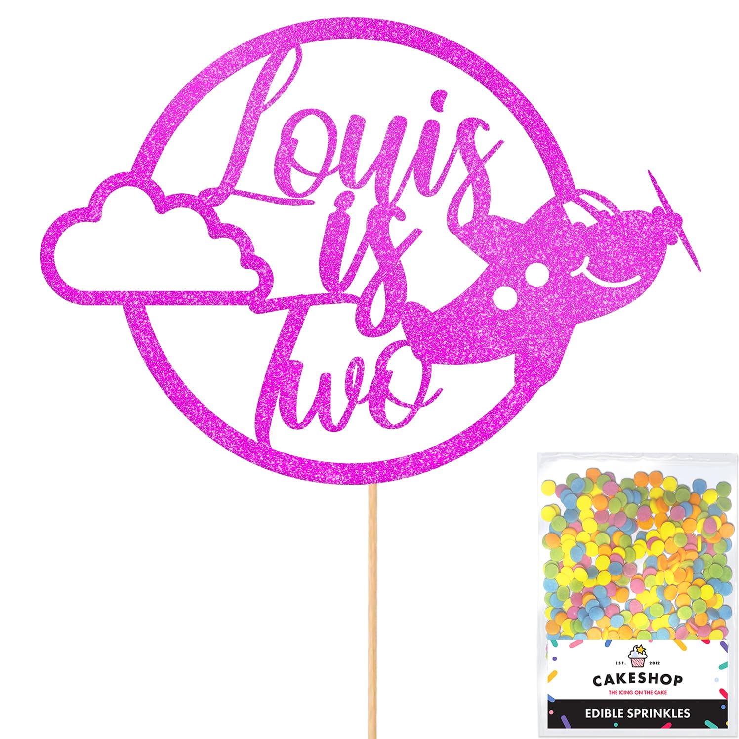 Personalised Plane Aeroplane Glitter Cake Topper- Pink Any Custom Age & Name Glitter Cake Decoration and Sprinkles - Happy Birthday Decorations - Personalised Toppers for Cakes by Cakeshop โ image 1