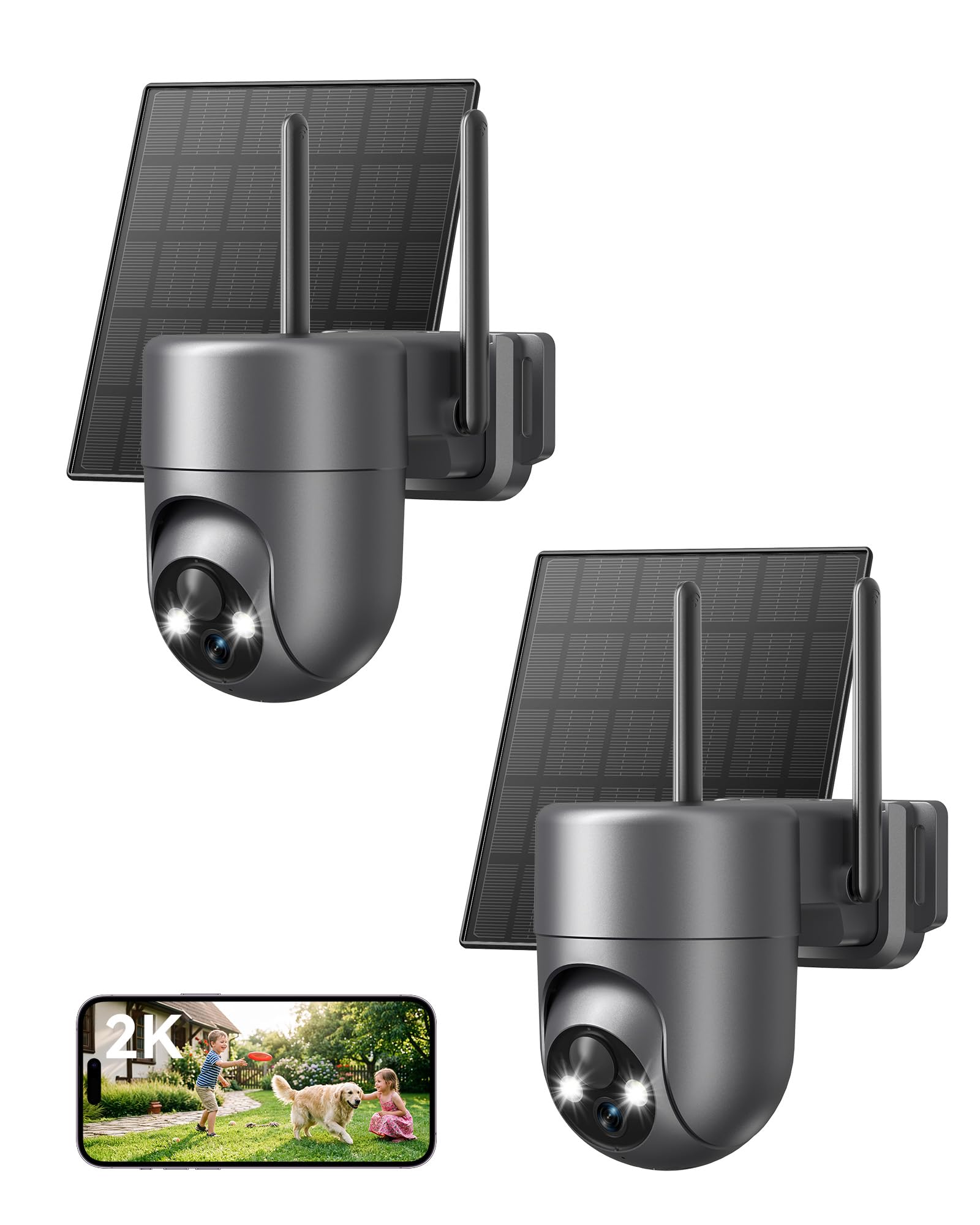 2K Überwachungskamera Aussen Solar Akku WLAN, 2,4 GHz | 360° PTZ Kamera Überwachung Aussen Akku mit PIR-Erkennung, Farbige Nachtsicht, 2-Wege-Audio, IP66 Wasserdicht, 2 Stück