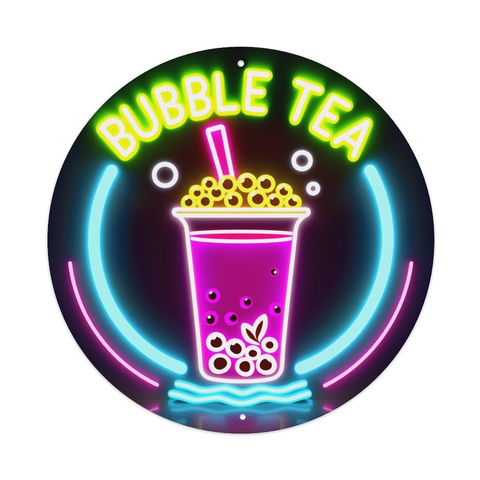 Neon Bubble Tea Cup Design Round Tin Sign Vintage Metal Poster, Home Bar Garage Man Cave Cafe Indoor & Outdoor Wall Decoration 8x8Inches